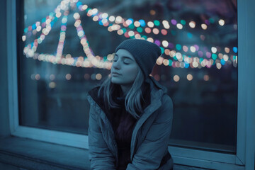 A moody nighttime photograph of a young woman sitting by a window, wearing a dark gray beanie and a puffy winter jacket.
