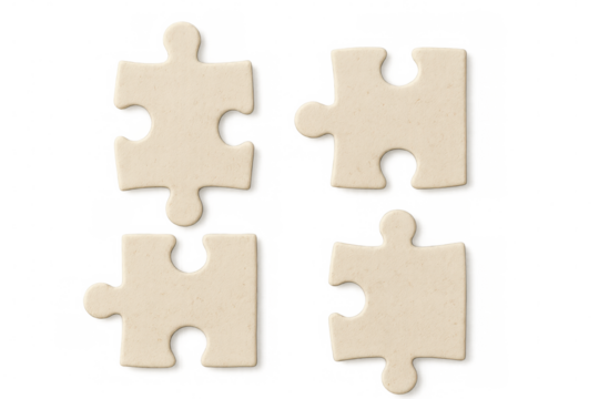 Four separated puzzle pieces on a transparent background represent problem-solving, teamwork, and strategy