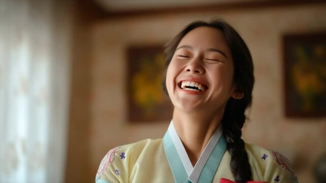 Korean woman, wearing a pastel hanbok with subtle floral patterns