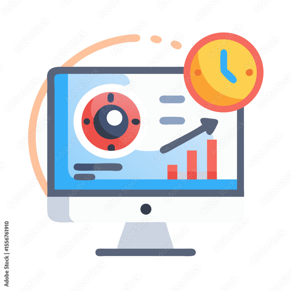 Poster digital business progress concept displayed on computer with clock