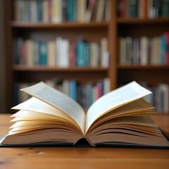 An open book on a wooden table, surrounded by blurred shelves of books in a cozy library.