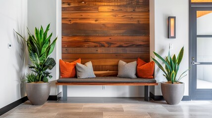 Natural wood feature wall with cozy bench in hallway