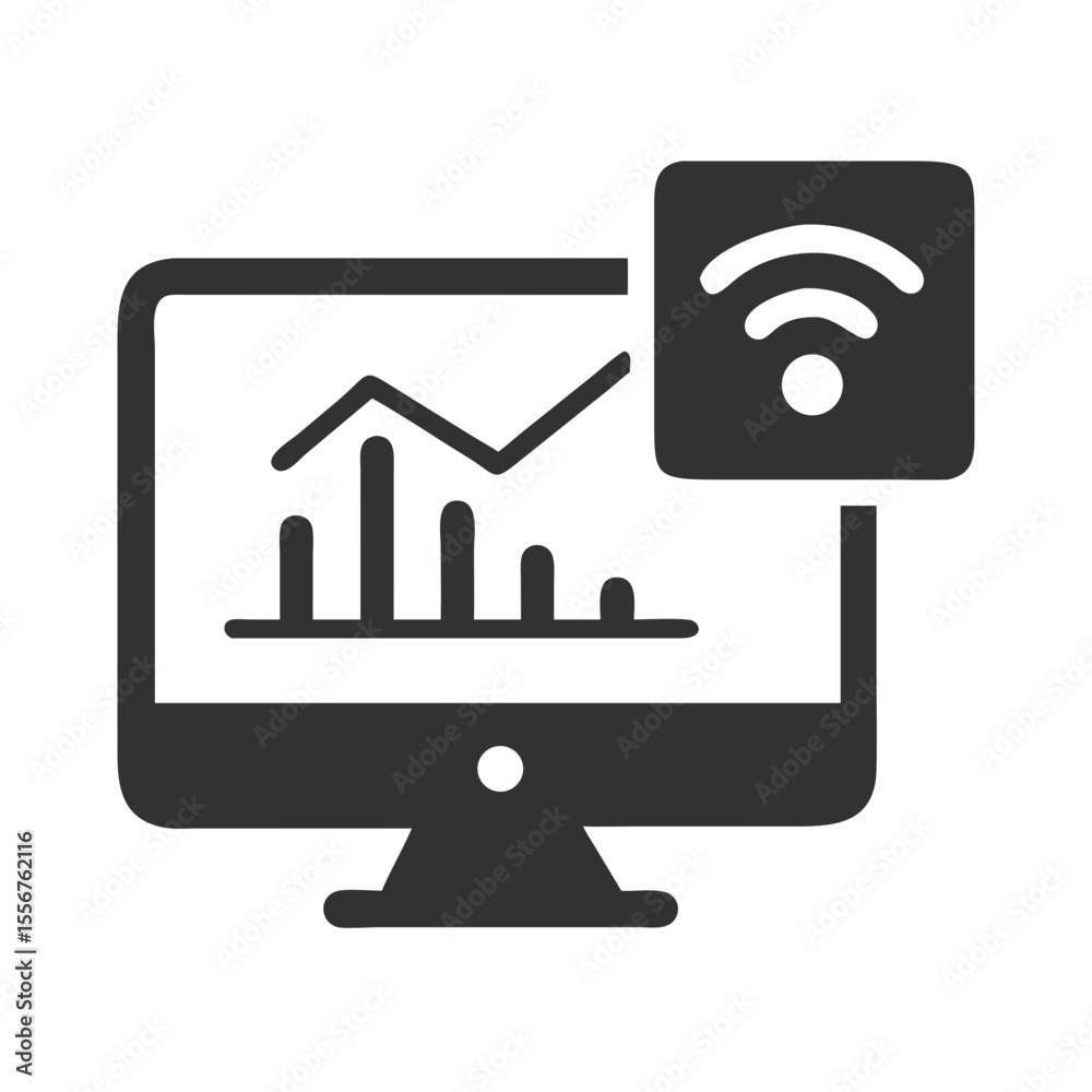 Poster data analysis on computer with wifi signal connection graphic
