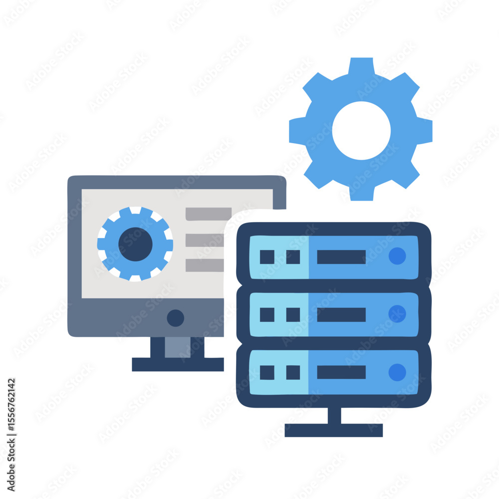 Poster server configuration with computers and gear on white background