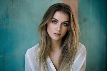 A professional portrait photograph against a turquoise-blue textured wall. The subject has long, flowing ombre hair transitioning from dark brown to light blonde, styled with subtle waves.