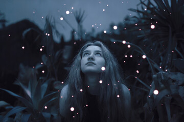 A young woman with long straight dark hair is looking upward at glowing orbs of light scattered throughout the dark sky. 