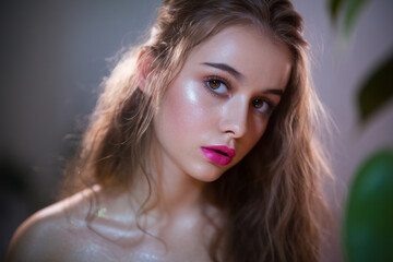 A professional beauty portrait photograph with soft, natural lighting. The subject has long, wavy brown hair styled with loose tendrils framing the face.