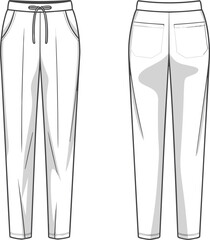 Women's Elastic Waist Trousers Technical Fashion Flat Sketch Template, Drawstring Casual Pants Design Vector Apparel Illustration