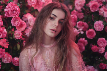 A soft, dreamy portrait photograph of a young woman with long brown hair against a background of vibrant pink roses.