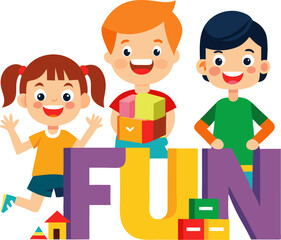 Bright flat design of kids playing with toy blocks spelling “FUN” with white background.