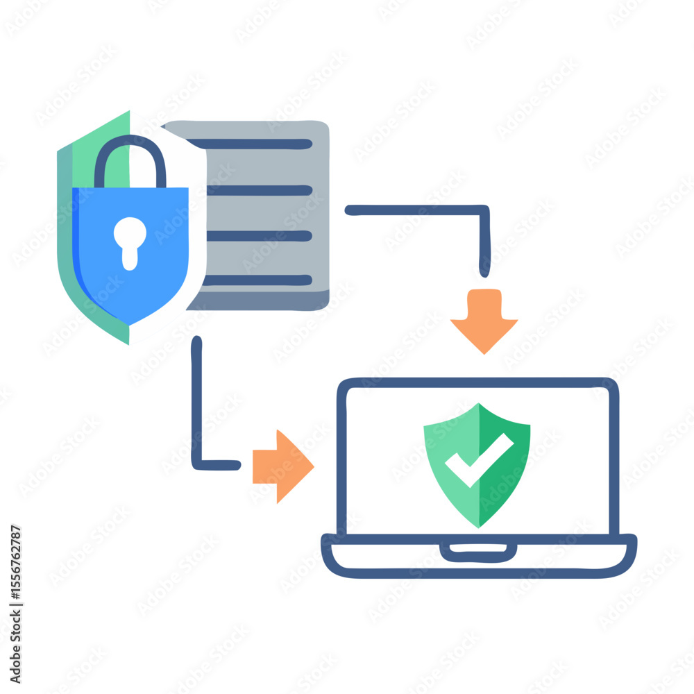 Poster data security network showing padlock linked with laptop computer