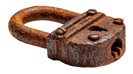 Rusty Padlock: Close-up of a heavily rusted antique padlock, showing texture and age.  The padlock sits at a slight angle against a clean background.