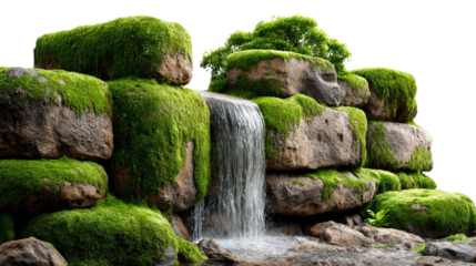 Waterfall Cascade: A tranquil waterfall cascades down moss-covered rocks, capturing the serene beauty of nature's gentle force.