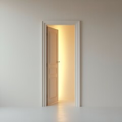 A slightly ajar door reveals a bright, inviting light within a minimalist white room.