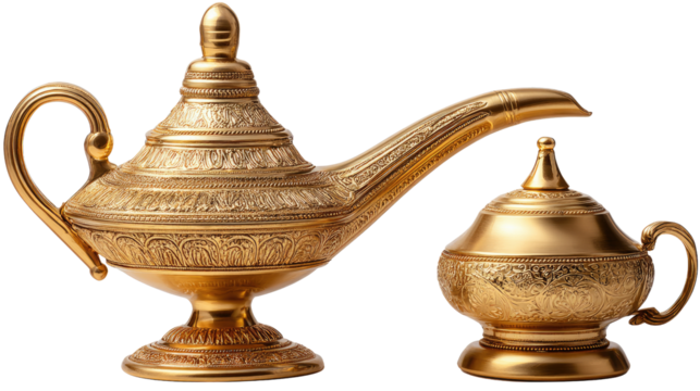 Magic Lamp's Golden Allure: A detailed view of an antique golden lamp with an adjacent decorative pot with intricate carvings. The magical artifact stands out.