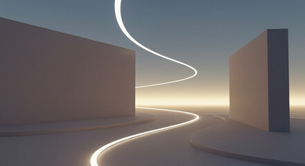 Abstract architectural scene with glowing light pathways and neutral-toned structures.
