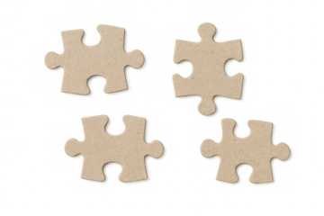 Four cardboard puzzle pieces placed on a transparent background symbolize problem-solving, teamwork, and finding solutions