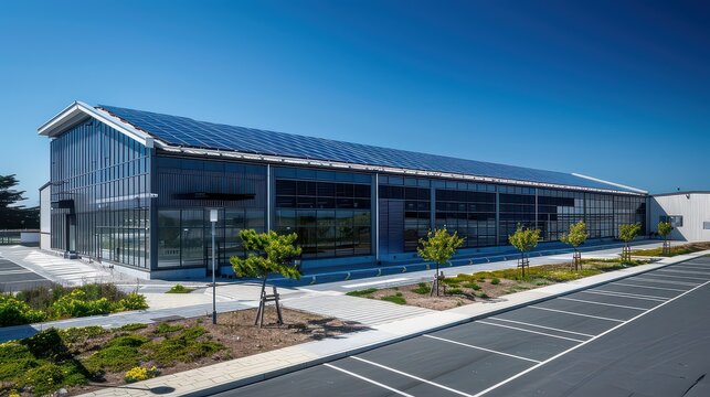 Solar panel array on an industrial building with clear blue sky in the background.