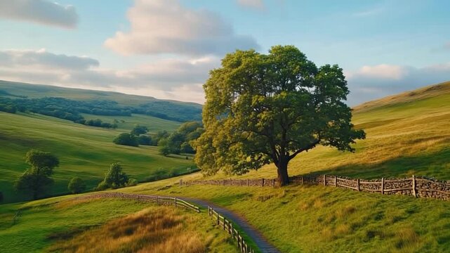 Scenic Countryside with Oak Tree, Rural Nature Path and Fences, peaceful countryside path with wooden fence and large oak tree under blue sky, countryside oak tree, countryside path scenic