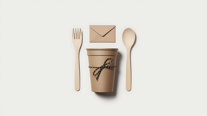 Eco friendly disposable cutlery and cup set with envelope showcasing sustainable dining and takeaway packaging solutions