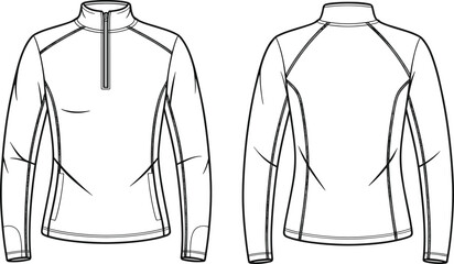 Women's long sleeve athletic half zip top, front and back view fashion flat sketch, technical vector, activewear, clothing design