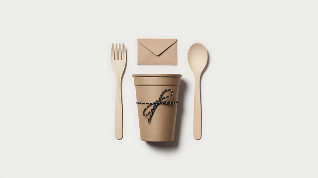 Eco friendly disposable cutlery and cup set with envelope showcasing sustainable dining and takeaway packaging solutions
