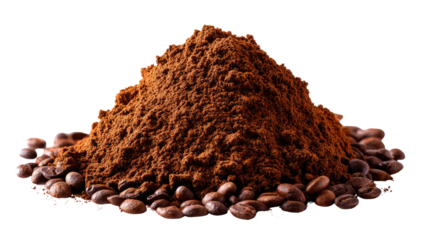 Ground Coffee and Beans: Rich, dark ground coffee powder forms a visually appealing mound, encircled by a scattering of roasted coffee beans.