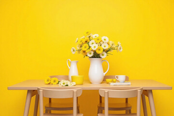 wooden table with a vase of flowers on top of it