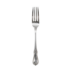Silver fork with four prongs and decorative handle on white background  