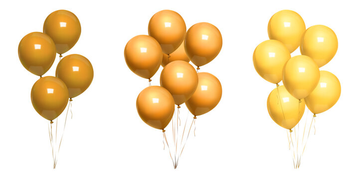 Golden balloon bday bunch, 3d birthday balls float on ribbon. Beige minimal vector balons on thin string, happy anniversary party decor mockup. Air helium inflated bound event congratulation gift