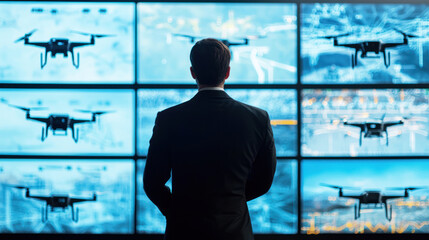 A logistics manager monitoring a fleet of drones in a control room with multiple screens, showing real-time delivery data.