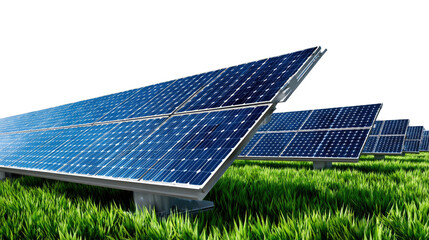 Solar Panel Array in Green Field: An expansive array of photovoltaic panels set against a pristine backdrop of a vivid green field, capturing the essence of renewable energy and sustainable power.