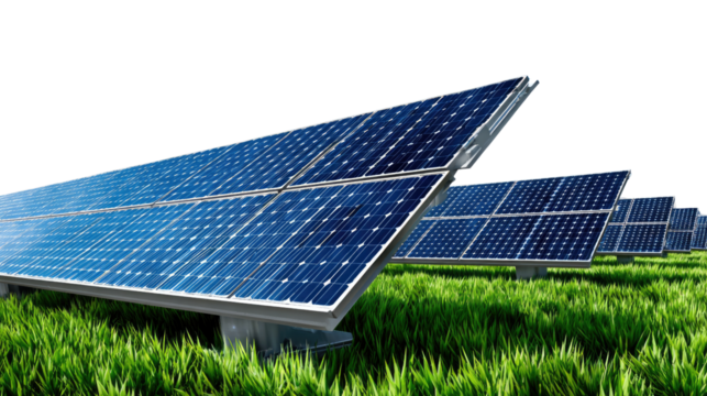 Solar Panel Array in Green Field: An expansive array of photovoltaic panels set against a pristine backdrop of a vivid green field, capturing the essence of renewable energy and sustainable power.