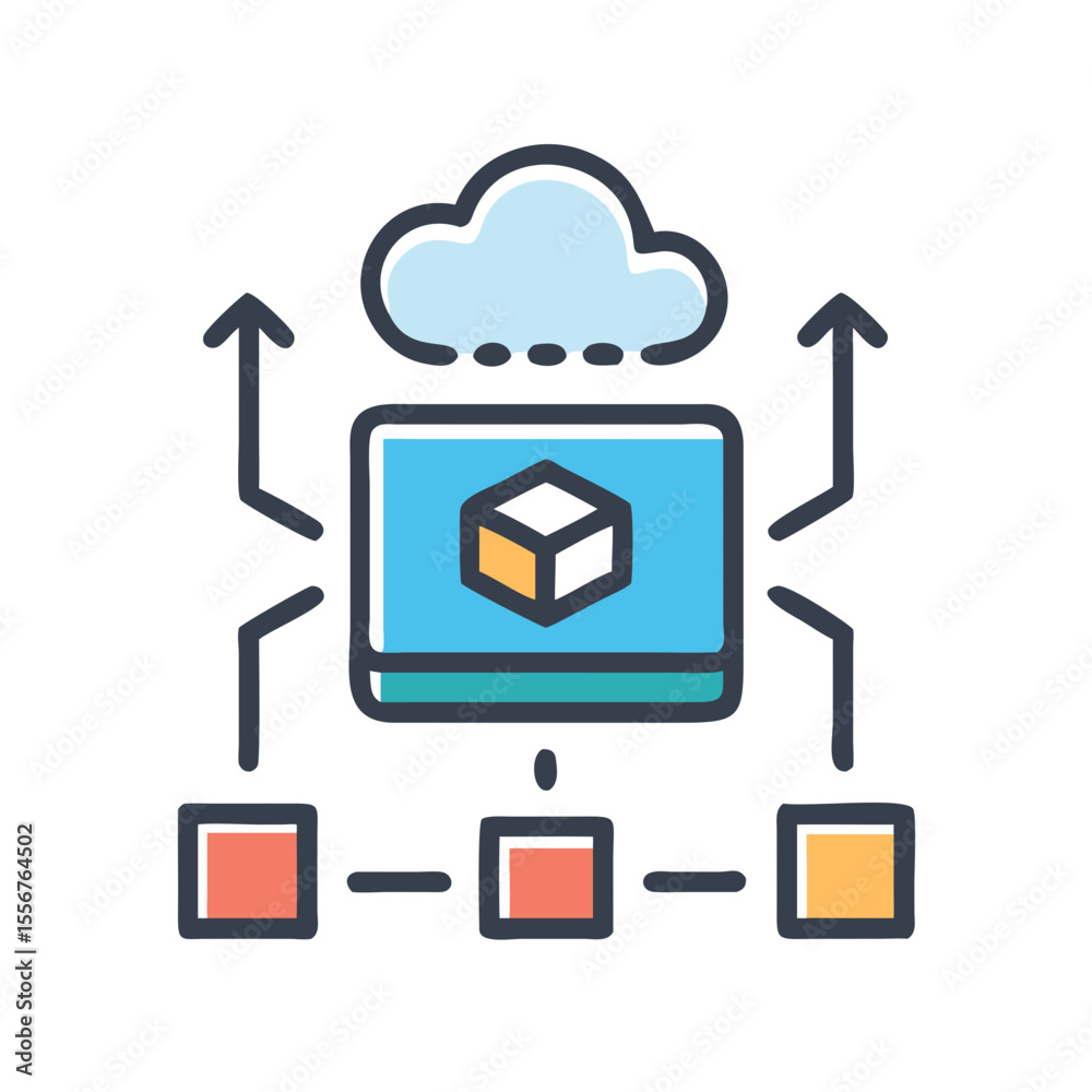 Poster Cloud Computing Network with Monitor Showing a 3D Object
