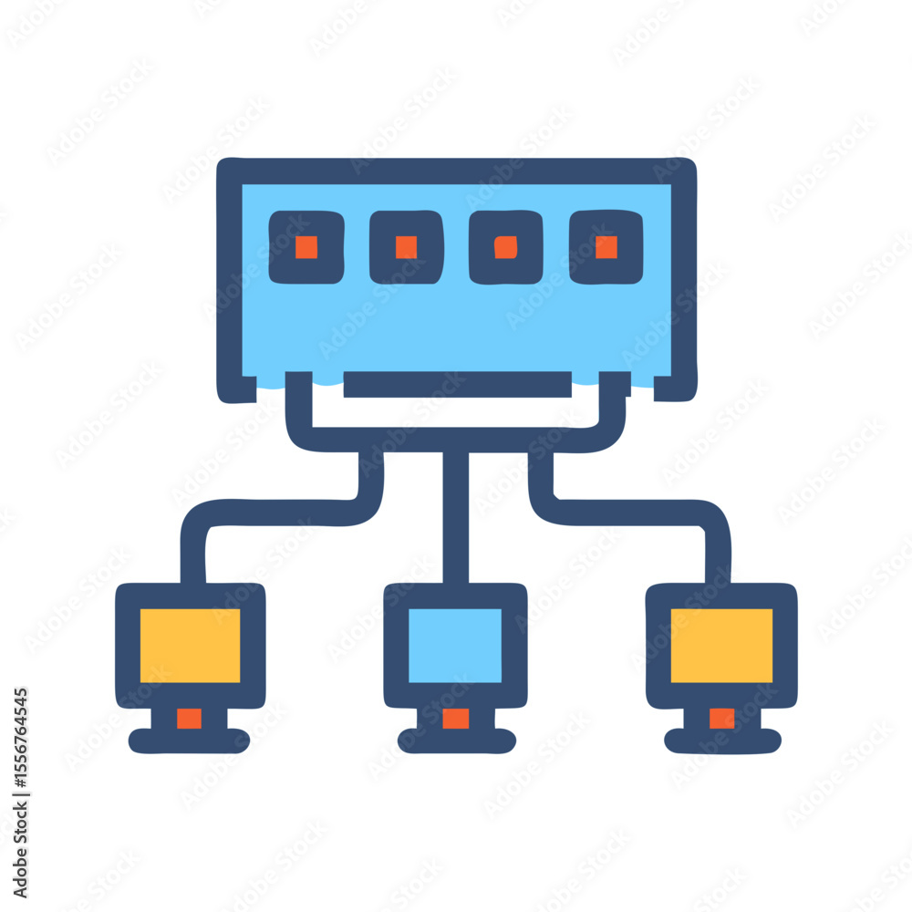 Poster network server connecting multiple computers schematic vector illustration