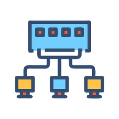 Network server connecting multiple computers schematic vector illustration