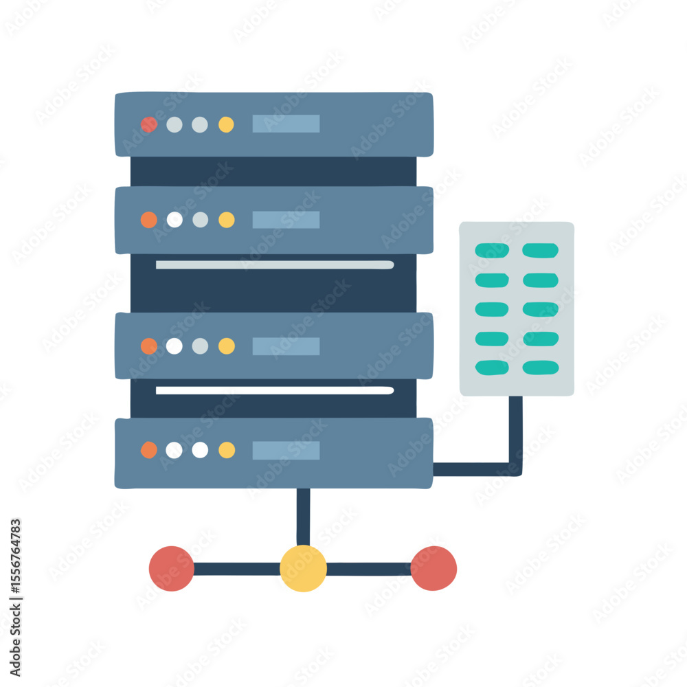 Poster isolated server rack with connection node on white background