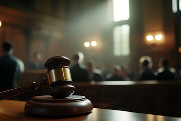 Gavel in Courtroom with Justice Scene.