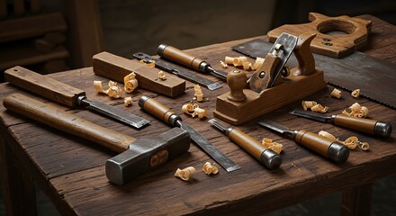 Vintage Woodworking Tools: Rustic Craftsmanship, Detailed Close-up, Warm Lighting
