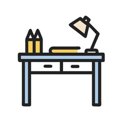 Stylized desk with lamp pencils and book illustration art