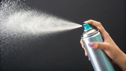 Close up of a woman s hand holding a spray can and spraying a fine mist