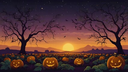 Landscape of a halloween pumpkin patch at the magical hour of twilight. The sky is a smooth, clean gradient of deep purple to soft orange, with a few simple stars twinkling above. 