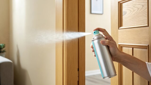 Person spraying aerosol can onto a wooden door frame for cleaning or protection - Powered by Adobe