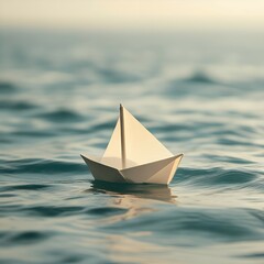 A delicate paper sailboat floats serenely on gentle ocean waves, bathed in soft, golden sunlight.