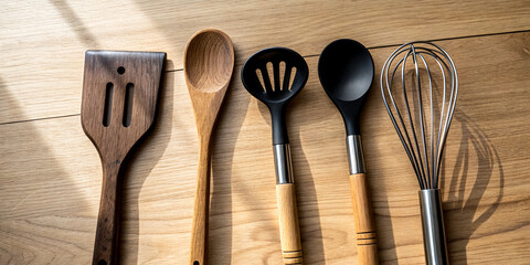 Flat lay of a modern kitchen wooden set on the wooden table