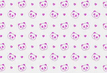 Seamless pattern showing outlined panda faces and small hearts scattered across a textured white background