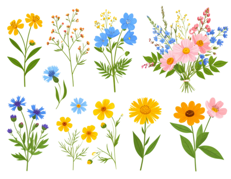 Meadow wildflowers and an example of a bouquet of these flowers. Botanical collection