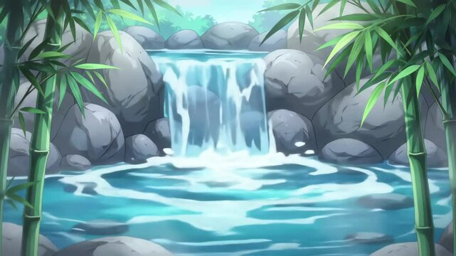 Waterfall cascades through rocks framed by bamboo stalks