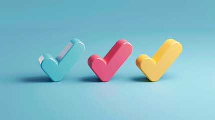 Colorful 3D checkmarks on pastel circles against a blue background, symbolizing success and approval.