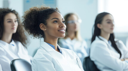 A group of dental students watching a dental procedure demonstration in a classroom.